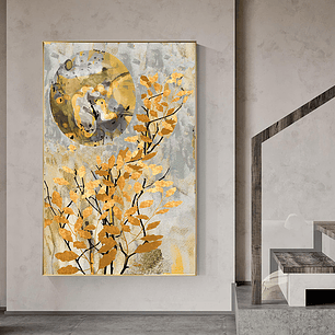 Quadro Decorativo Flores Folhas Douradas e Luar