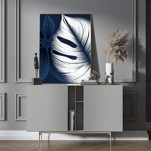 Quadro Decorativo Flores Folha Azul e Branco