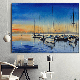 Quadro Decorativo Praia Mar Barco Pôr do Sol