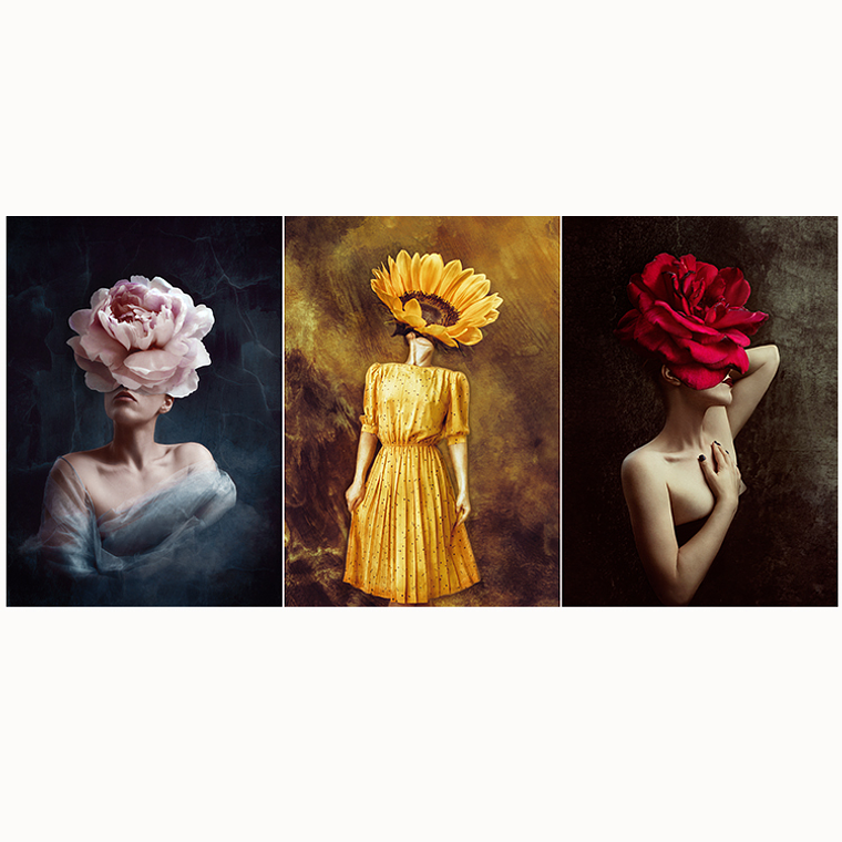 Quadro Decorativo Mulher Flores Kit com 3 quadros 2