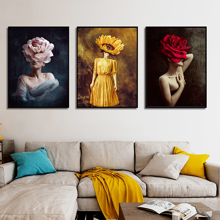 Quadro Decorativo Mulher Flores Kit com 3 quadros 1