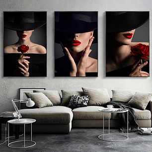 Quadro Decorativo Mulher Flor Vermelha Kit com 3 quadros