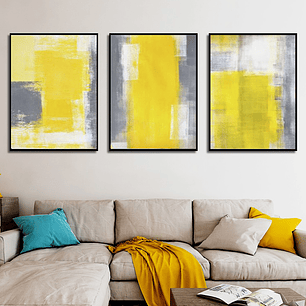 Quadro Decorativo Abstrato Amarelo e Cinza Kit com 3 quadros