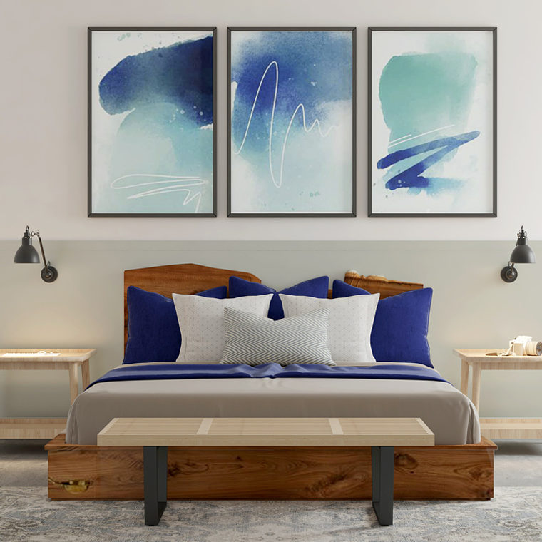 Quadro Decorativo Abstrato Azul Branco Kit com 3 quadros 1