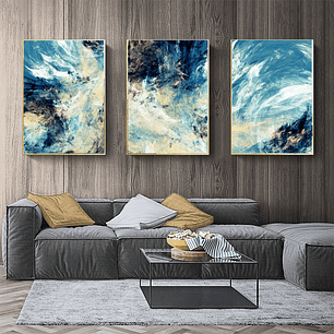 Quadro Decorativo Abstrato Azul Impacto Kit com 3 quadros