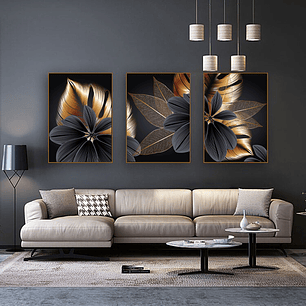 Quadro Decorativo Flor Gold Kit com 3 quadros