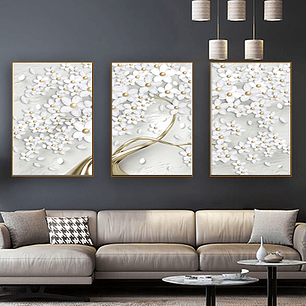 Quadro Decorativo Flor Branco Gold Kit com 3 quadros