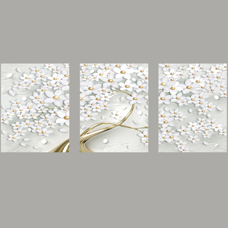 Quadro Decorativo Flor Branco Gold Kit com 3 quadros 2