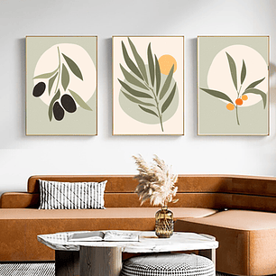 Quadro Decorativo Abstrato Botânic Verde Kit com 3 quadros