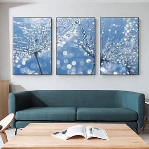 Quadro Decorativo Flor Azul Orvalho Kit com 3 quadros
