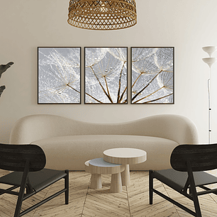 Quadro Decorativo Flor Cinza Orvalho Kit com 3 quadros 