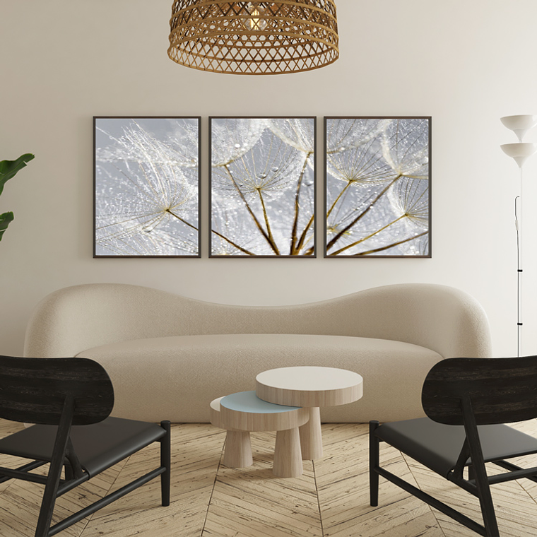 Quadro Decorativo Flor Cinza Orvalho Kit com 3 quadros  1
