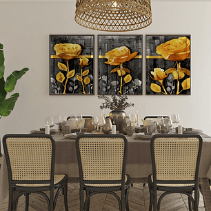 Quadro Decorativo Flor Preto e Amarelo Kit com 3 quadros