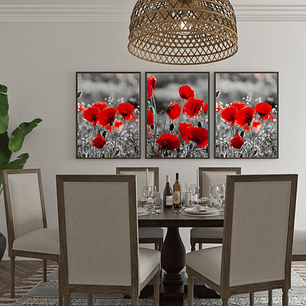 Quadro Decorativo Flor Preto e Vermelho Kit com 3 quadros 