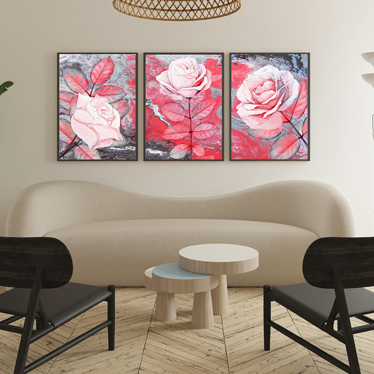 Quadro Decorativo Flor Rosa e Cinza Kit com 3 quadros 1