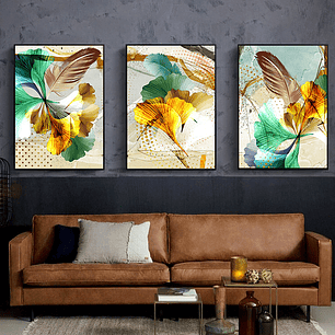 Quadro Decorativo Abstrato Folhas Verde Kit com 3 quadros