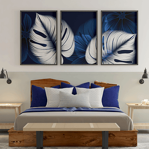 Quadro Decorativo Folhas Azul e Branco Kit com 3 quadros