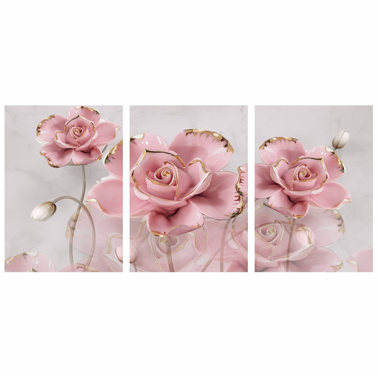 Quadro Decorativo Flor Rosa e Dourada Kit com 3 quadros 2