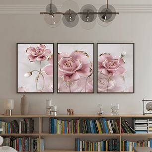 Quadro Decorativo Flor Rosa e Dourada Kit com 3 quadros