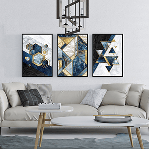 Quadro Decorativo Abstrato Azul e Dourado Kit com 3 quadros