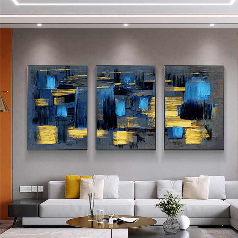 Quadro Decorativo Abstrato Preto Azul Gold Kit com 3 quadros 1
