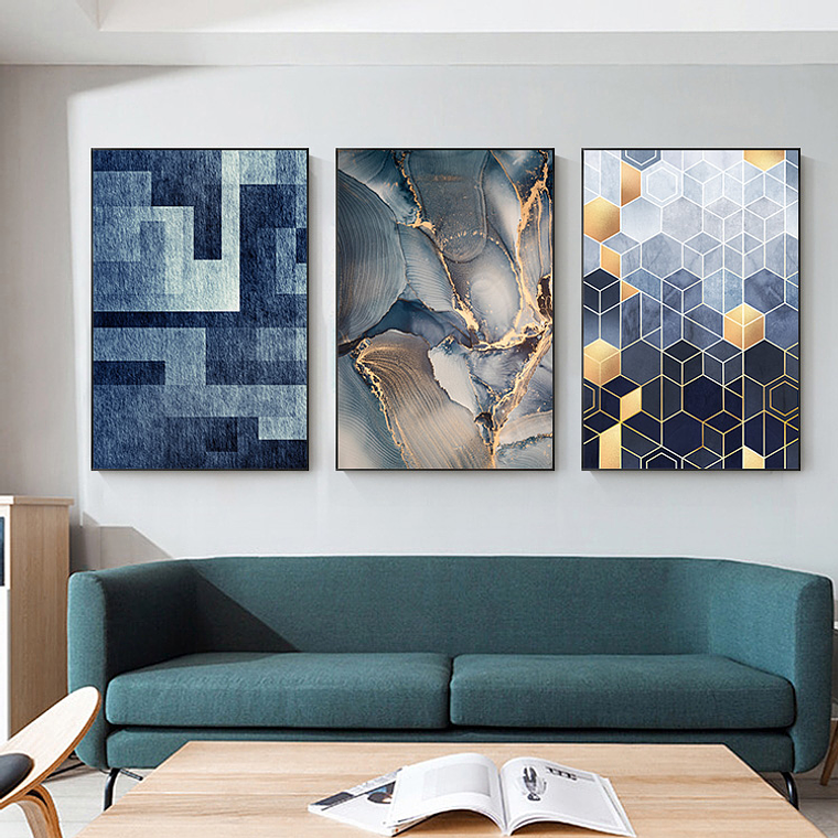 Quadro Decorativo Abstrato Misto Azul Kit com 3 quadros 1