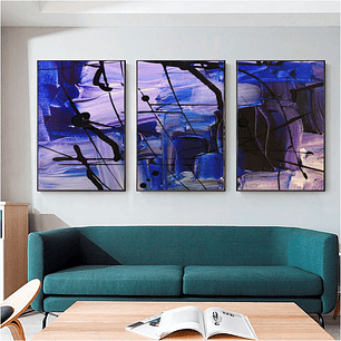 Quadro Decorativo Abstrato Azul e Roxo Kit com 3 quadros 