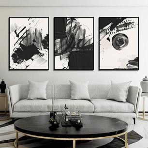 Quadro Decorativo Abstrato Preto Branco Kit com 3 quadros