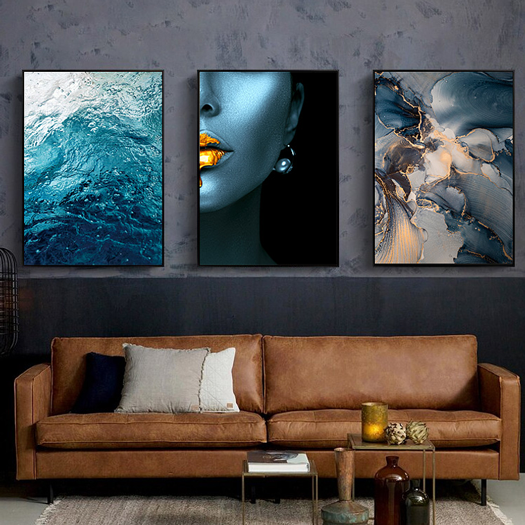 Quadro Decorativo Mulher Azul Luxo Kit com 3 quadros 1
