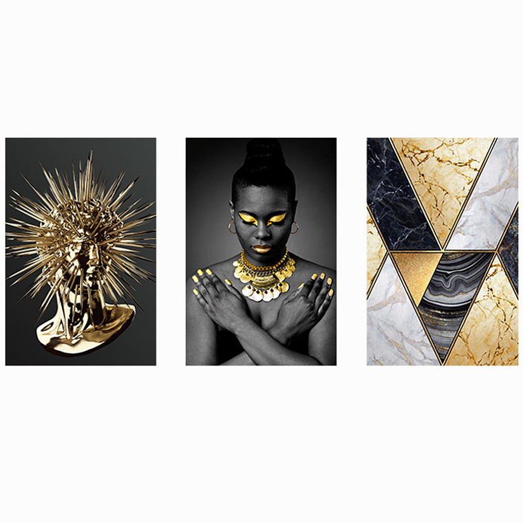 Quadro Decorativo Mulher Preto e Ouro Kit com 3 quadros 2