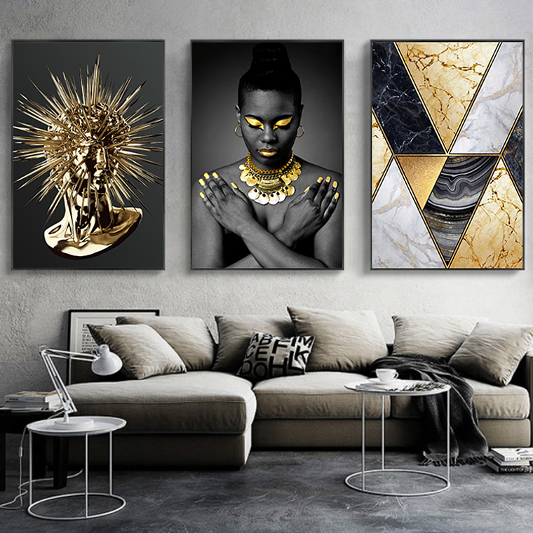 Quadro Decorativo Mulher Preto e Ouro Kit com 3 quadros 1