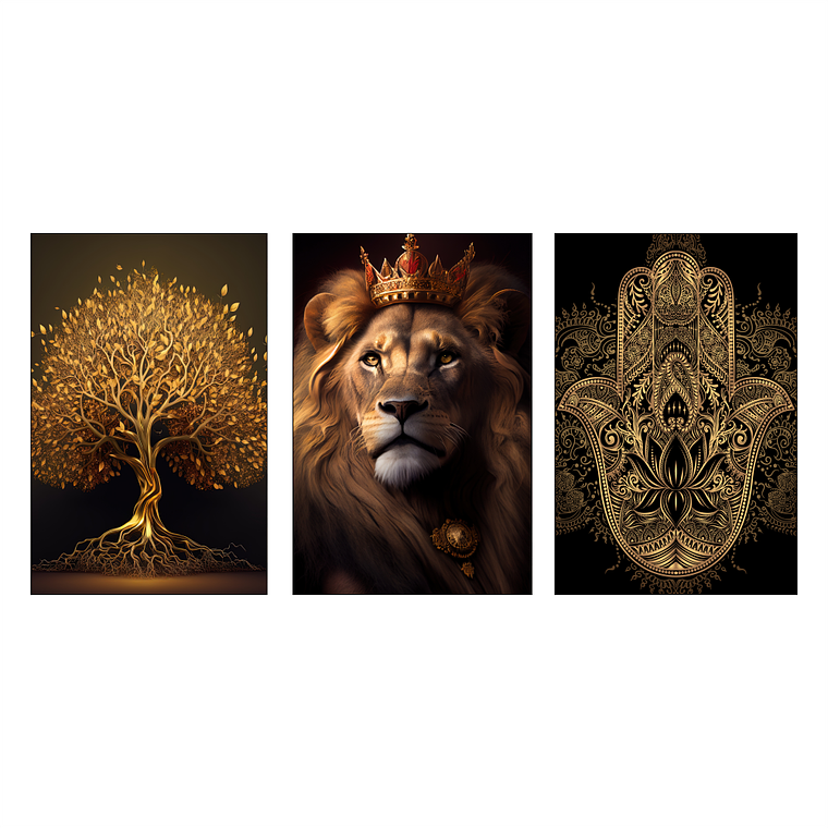 Quadro Decorativo Leão Árvore Vida Kit com 3 quadros 2