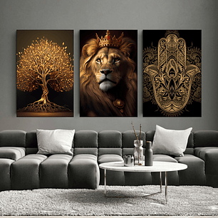 Quadro Decorativo Leão Árvore Vida Kit com 3 quadros