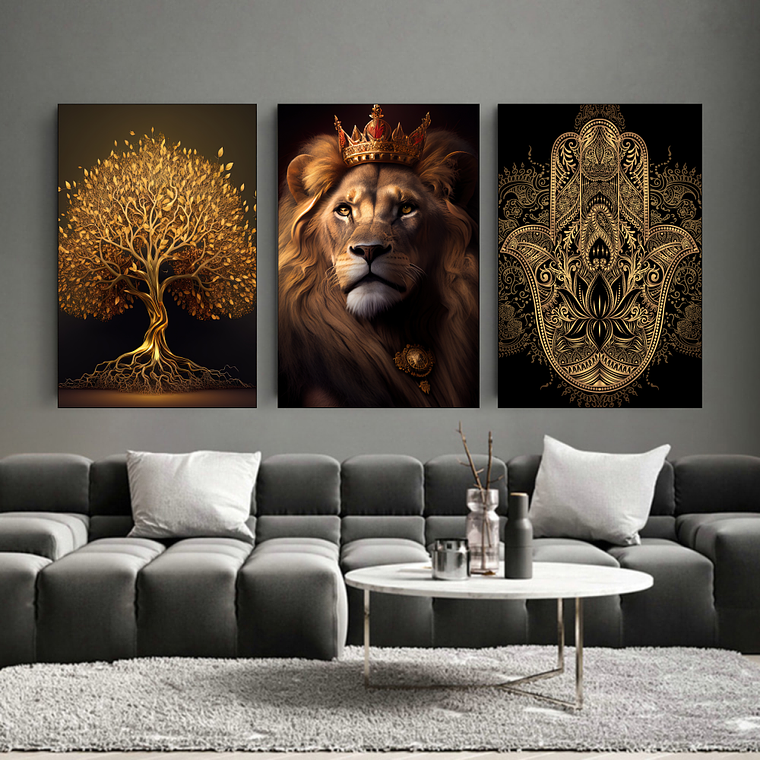Quadro Decorativo Leão Árvore Vida Kit com 3 quadros 1