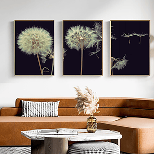 Quadro Decorativo Flores Branco e Preto Kit com 3 quadros