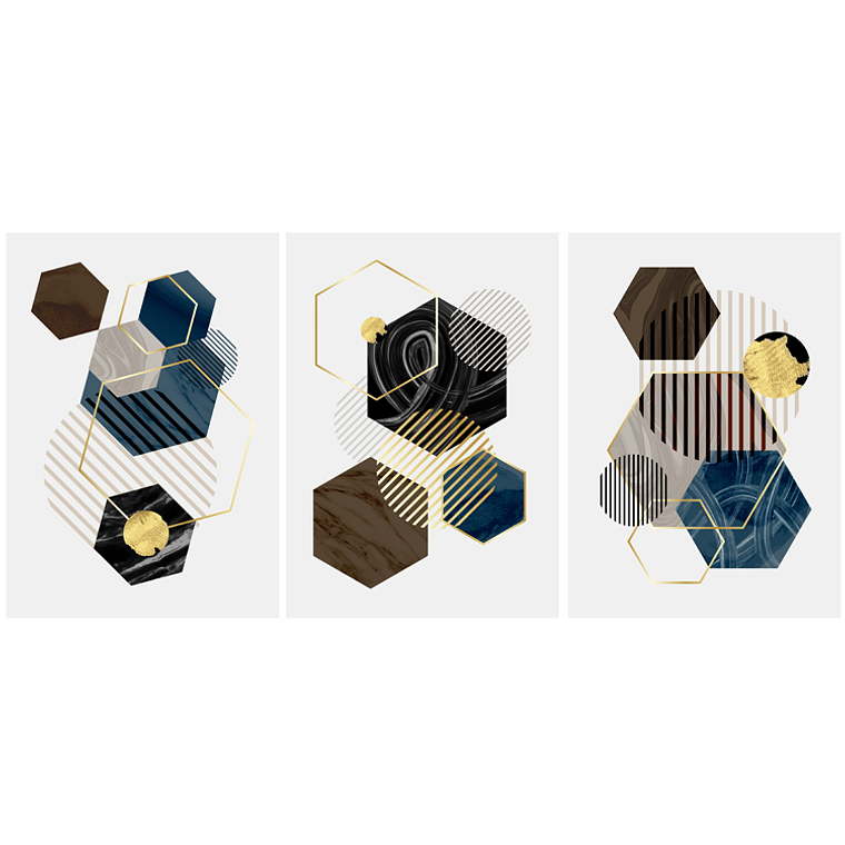 Quadro Decorativo Geométrico Marrom e Azul Kit com 3 quadros 2