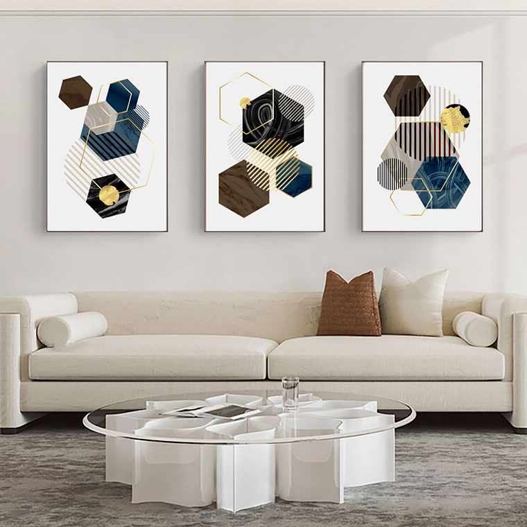 Quadro Decorativo Geométrico Marrom e Azul Kit com 3 quadros 1