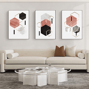 Quadro Decorativo Geométrico Rosa Kit com 3 quadros