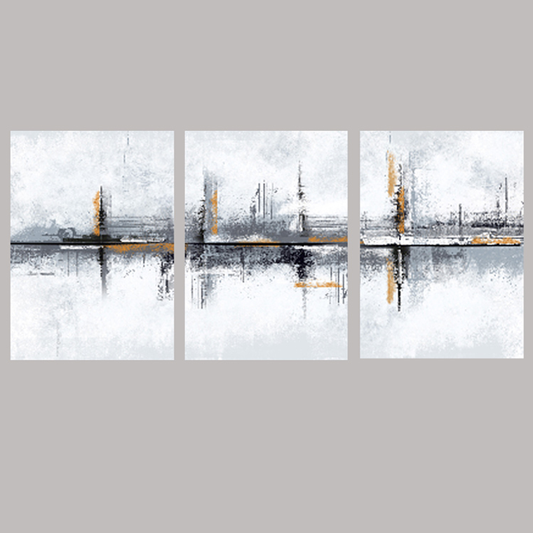 Quadro Decorativo Abstrato Cinza Amarelo Kit com 3 quadros  2