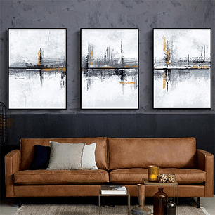 Quadro Decorativo Abstrato Cinza Amarelo Kit com 3 quadros 