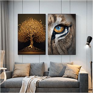 Quadro Decorativo Árvore Vida Leão com 2 Quadros