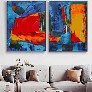 Quadro Decorativo Abstrato Azul Vermelho com 2 Quadros