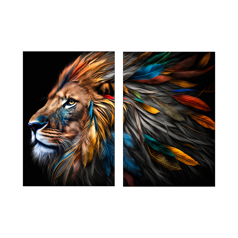 Quadro Decorativo Leão Penas Kit com 2 Quadros 2