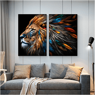 Quadro Decorativo Leão Penas Kit com 2 Quadros