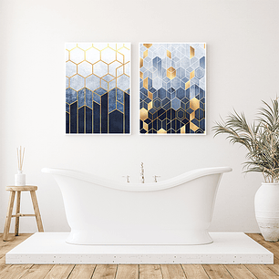 Quadro Decorativo Geométrico Azul e Ouro Kit com 2 Quadros