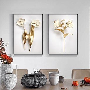 Quadro Decorativo Flor Branca Dourado Kit com 2 Quadros