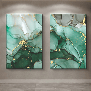 Quadro Decorativo Abstrato Verde Dourado Kit com 2 Quadros