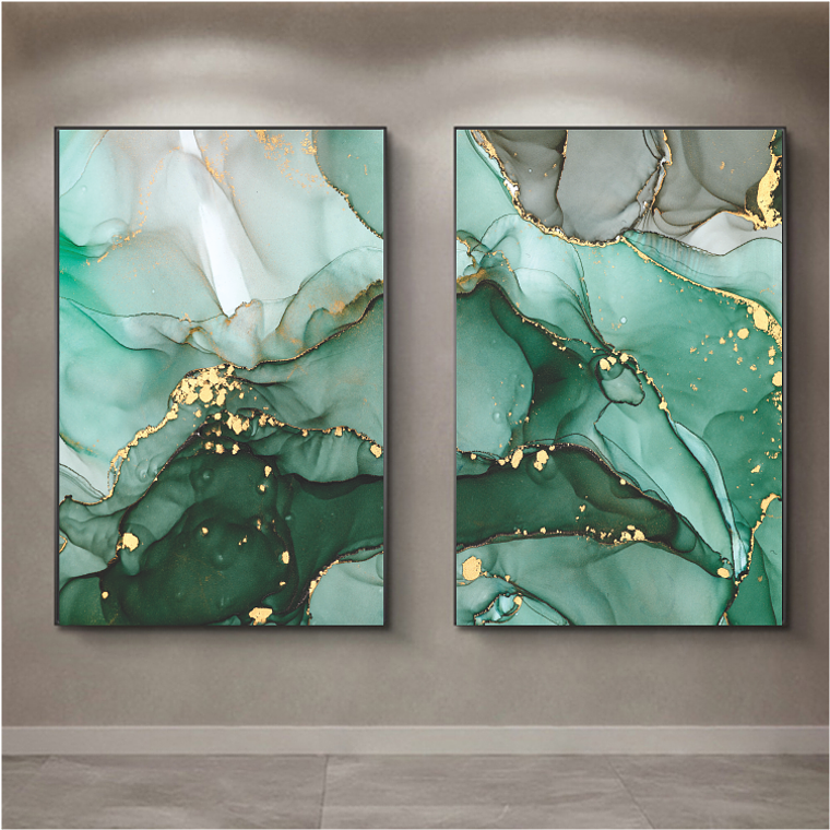 Quadro Decorativo Abstrato Verde Dourado Kit com 2 Quadros 1