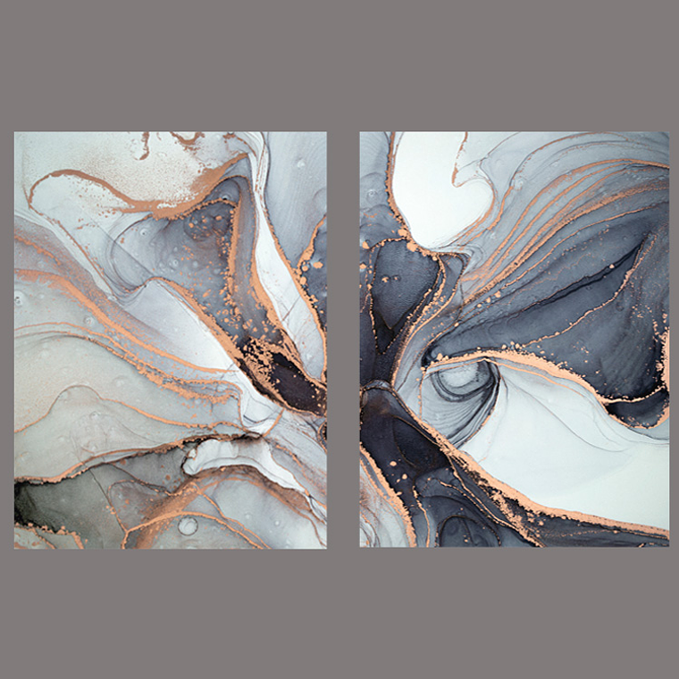 Quadro Decorativo Abstrato Cinza Ouro Kit com 2 Quadros  2