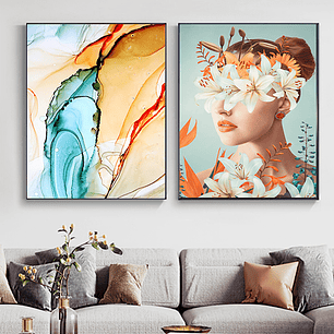 Quadro Decorativo Mulher Flores Tons Kit com 2 Quadros